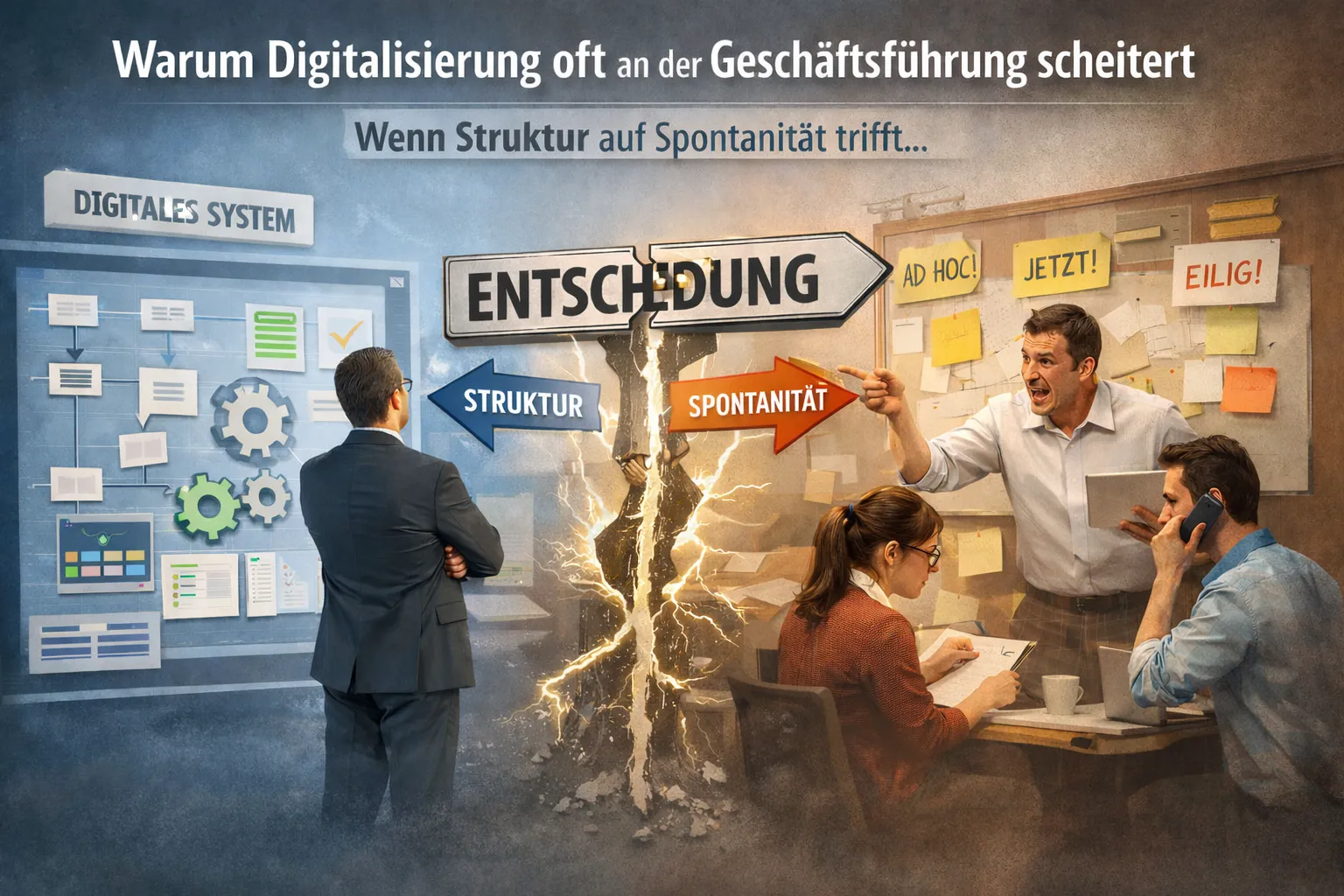 Geschäftsführer am Schreibtisch als Symbol für Digitalisierungsentscheidungen im KMU