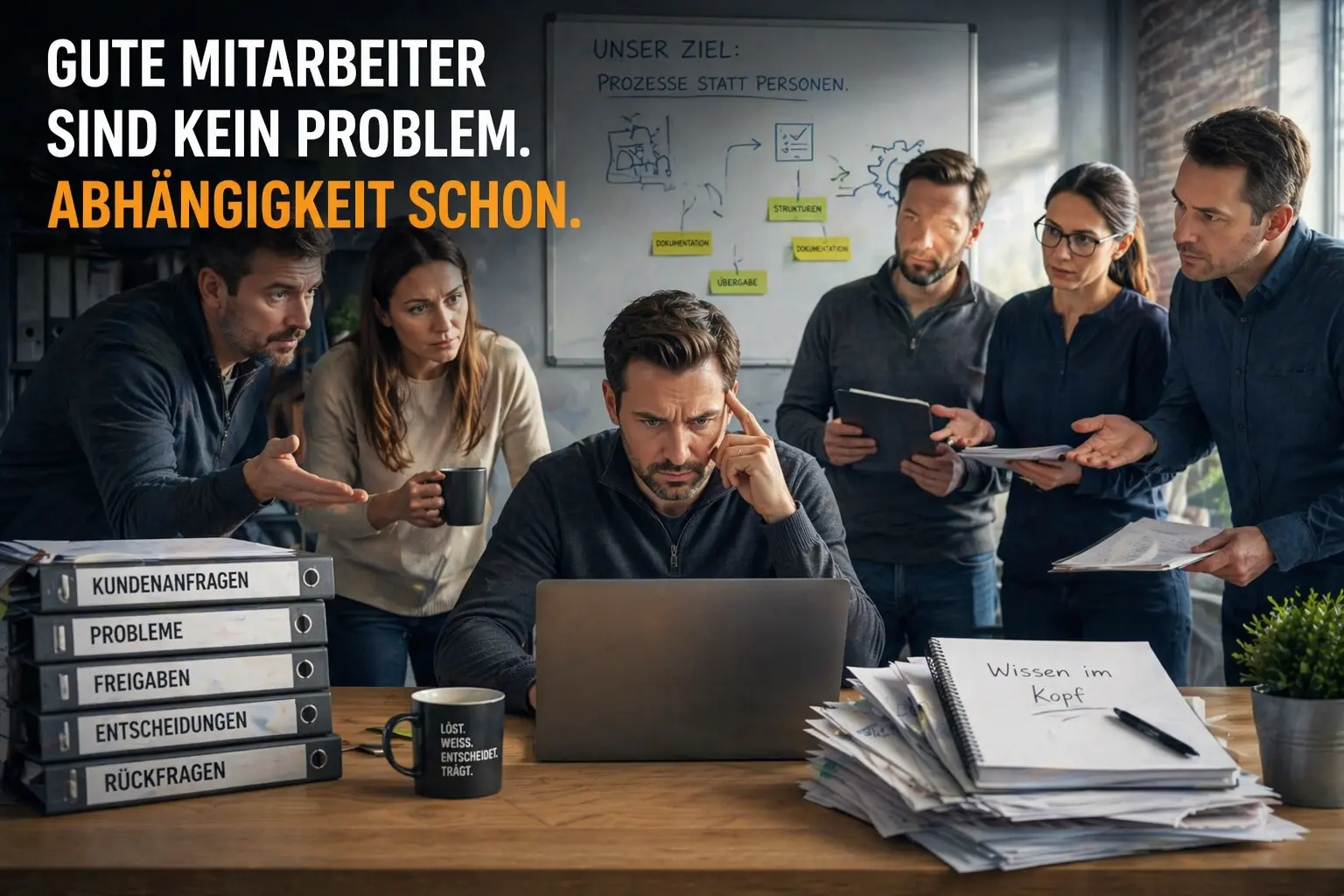 Symbolbild für Wissensabhängigkeit im Unternehmen – eine zentrale Person, an der alle Fäden zusammenlaufen